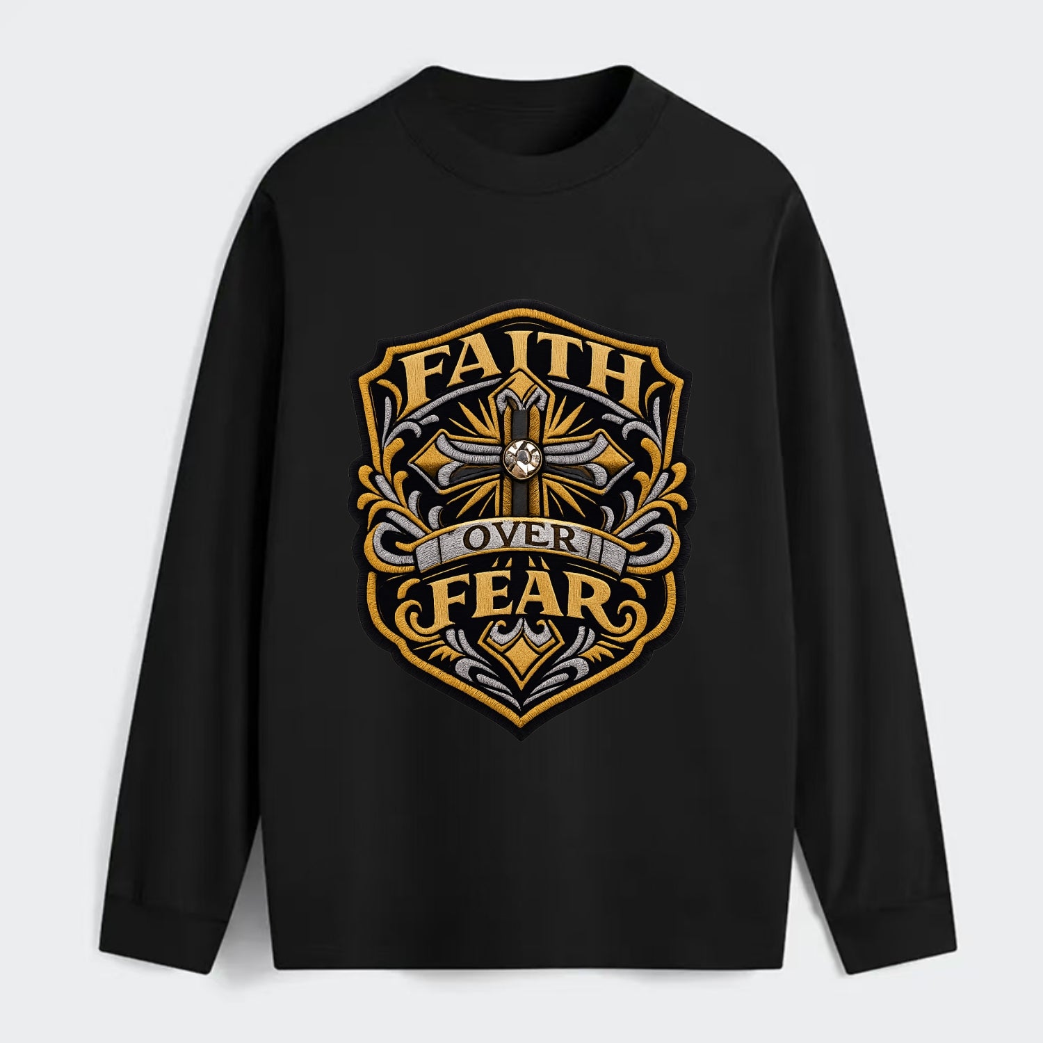 FAITH OVER FEAR - cross with text in gold , spiritual strength - Classic Long Sleeve Shirt