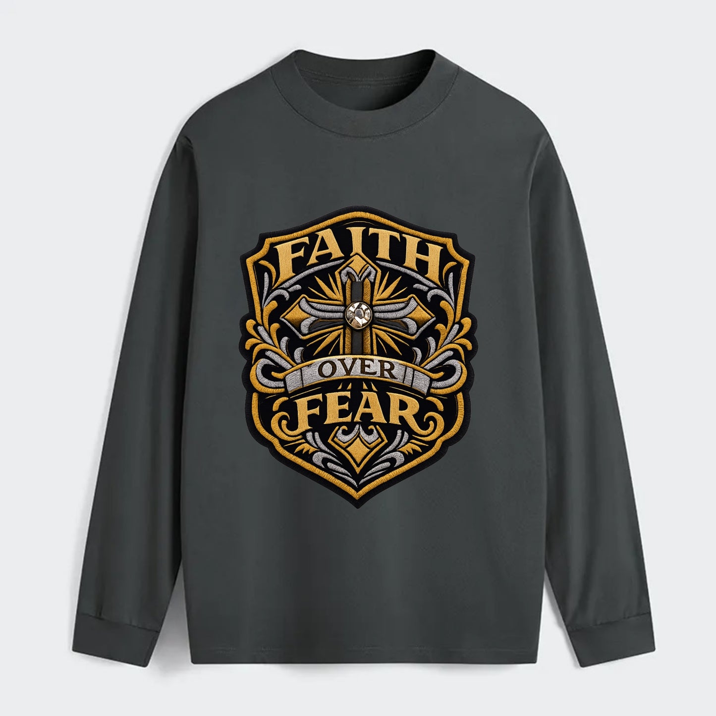 FAITH OVER FEAR - cross with text in gold , spiritual strength - Classic Long Sleeve Shirt