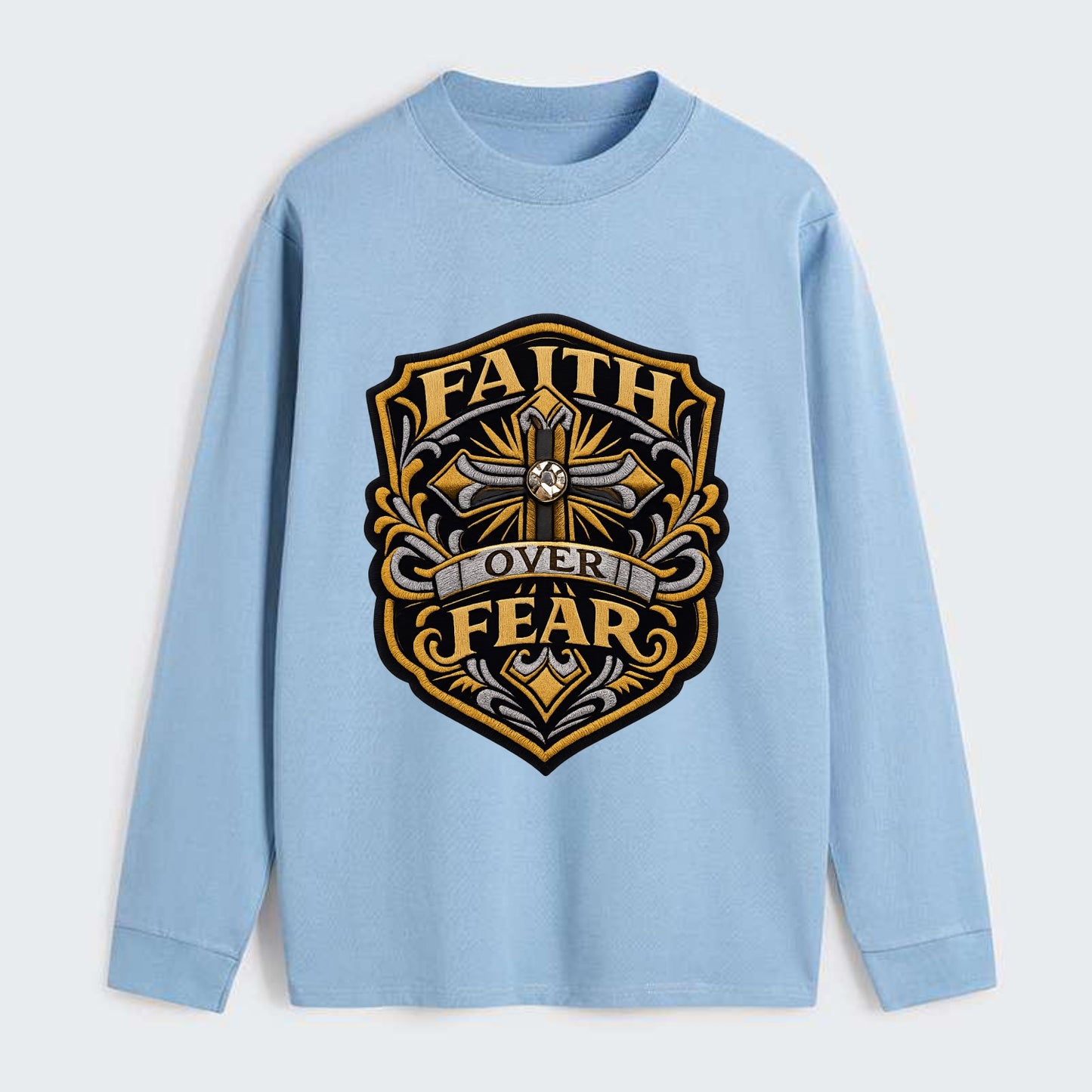 FAITH OVER FEAR - cross with text in gold , spiritual strength - Classic Long Sleeve Shirt