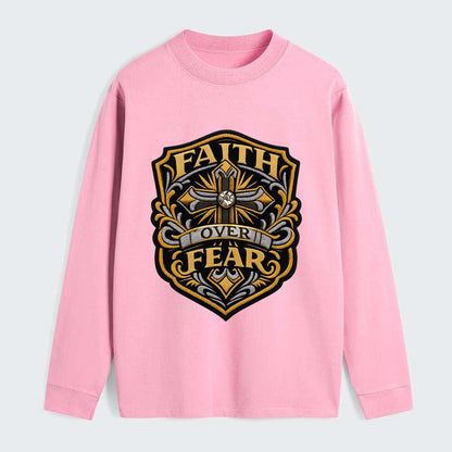 FAITH OVER FEAR - cross with text in gold , spiritual strength - Classic Long Sleeve Shirt