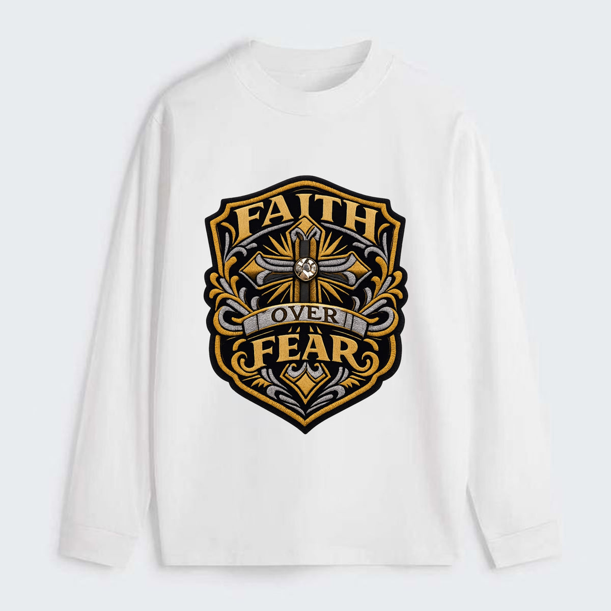FAITH OVER FEAR - cross with text in gold , spiritual strength - Classic Long Sleeve Shirt