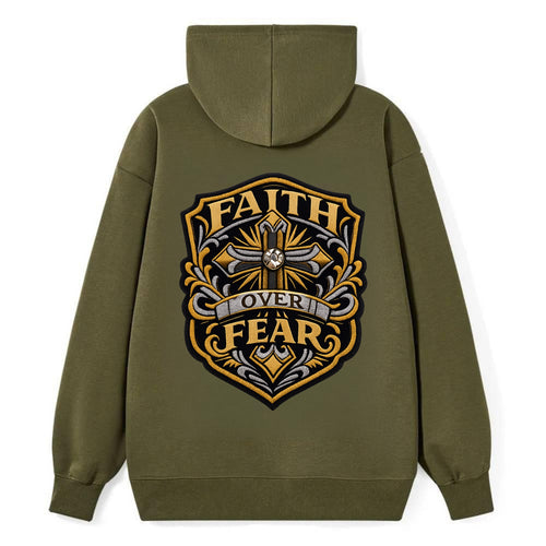 FAITH OVER FEAR - cross with text in gold , spiritual strength - Classic Pullover Hoodie