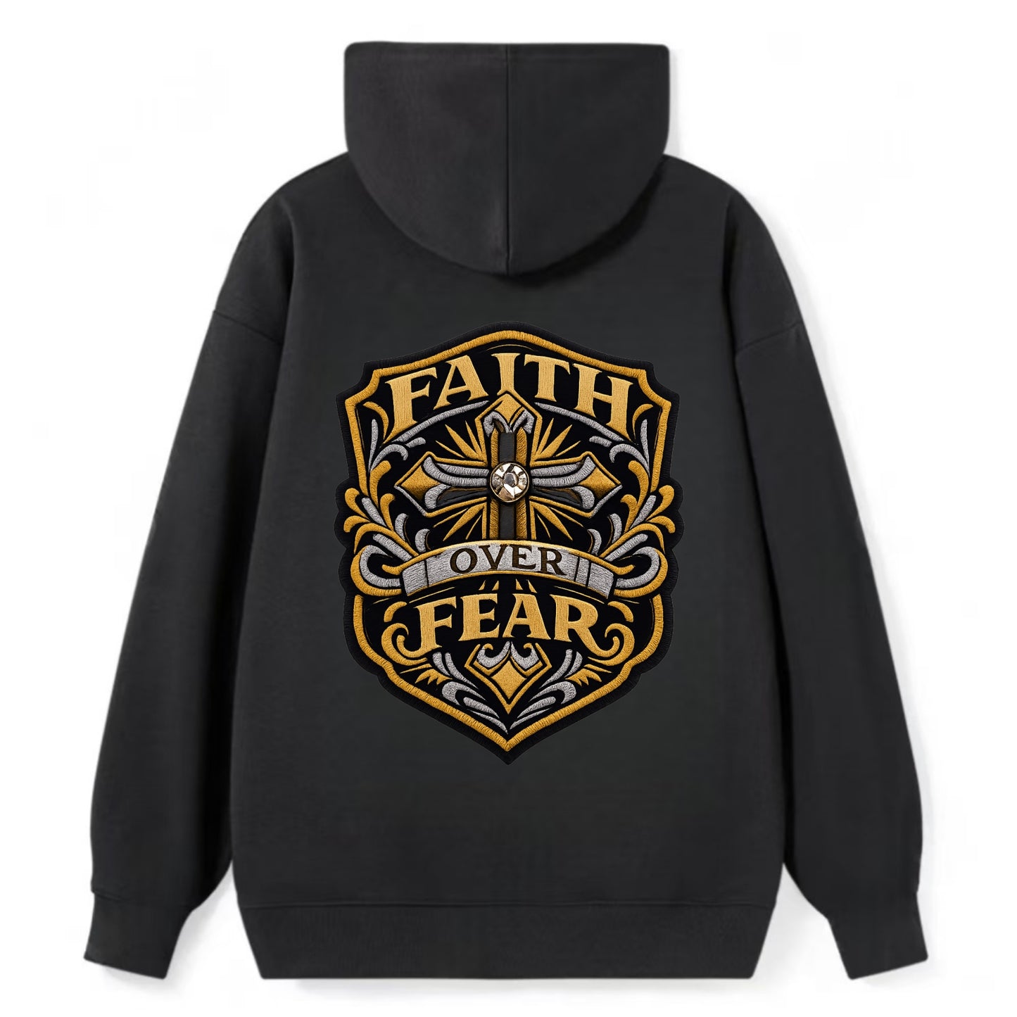 FAITH OVER FEAR - cross with text in gold , spiritual strength - Classic Pullover Hoodie