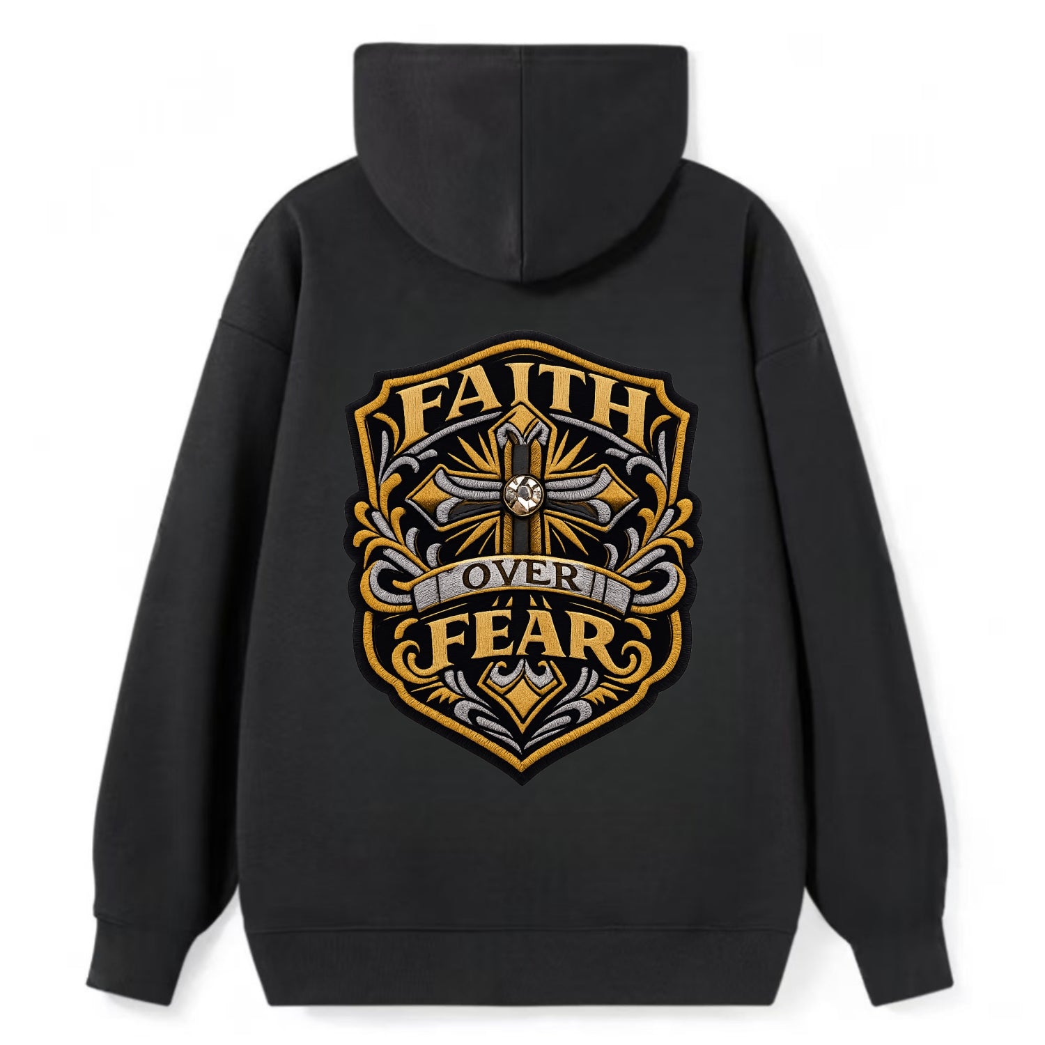 FAITH OVER FEAR - cross with text in gold , spiritual strength - Classic Pullover Hoodie