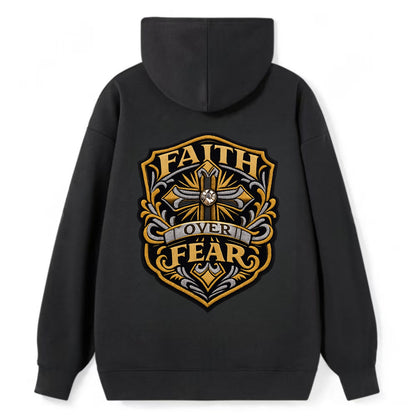 FAITH OVER FEAR - cross with text in gold , spiritual strength - Classic Pullover Hoodie