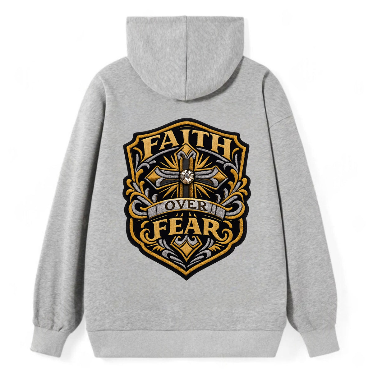 FAITH OVER FEAR - cross with text in gold , spiritual strength - Classic Pullover Hoodie