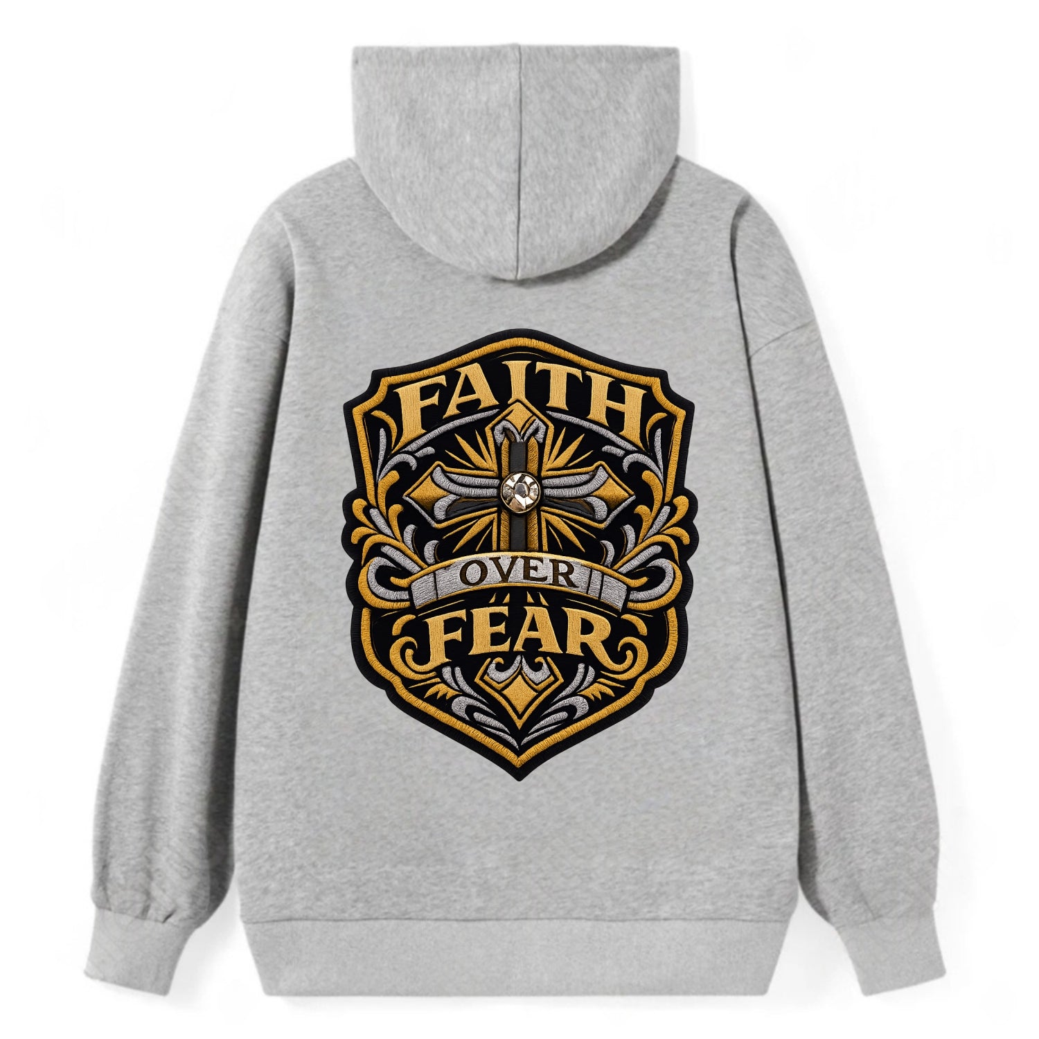 FAITH OVER FEAR - cross with text in gold , spiritual strength - Classic Pullover Hoodie