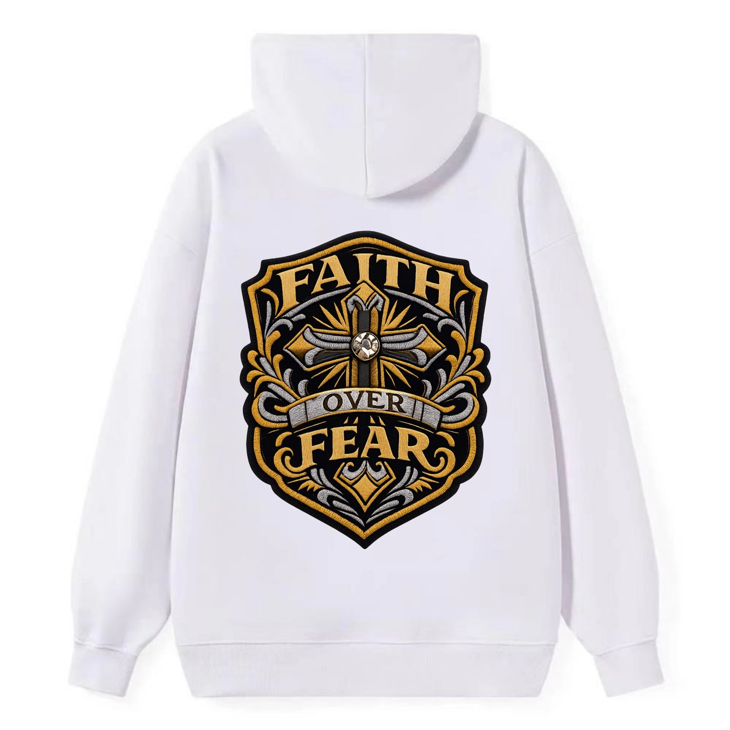 FAITH OVER FEAR - cross with text in gold , spiritual strength - Classic Pullover Hoodie