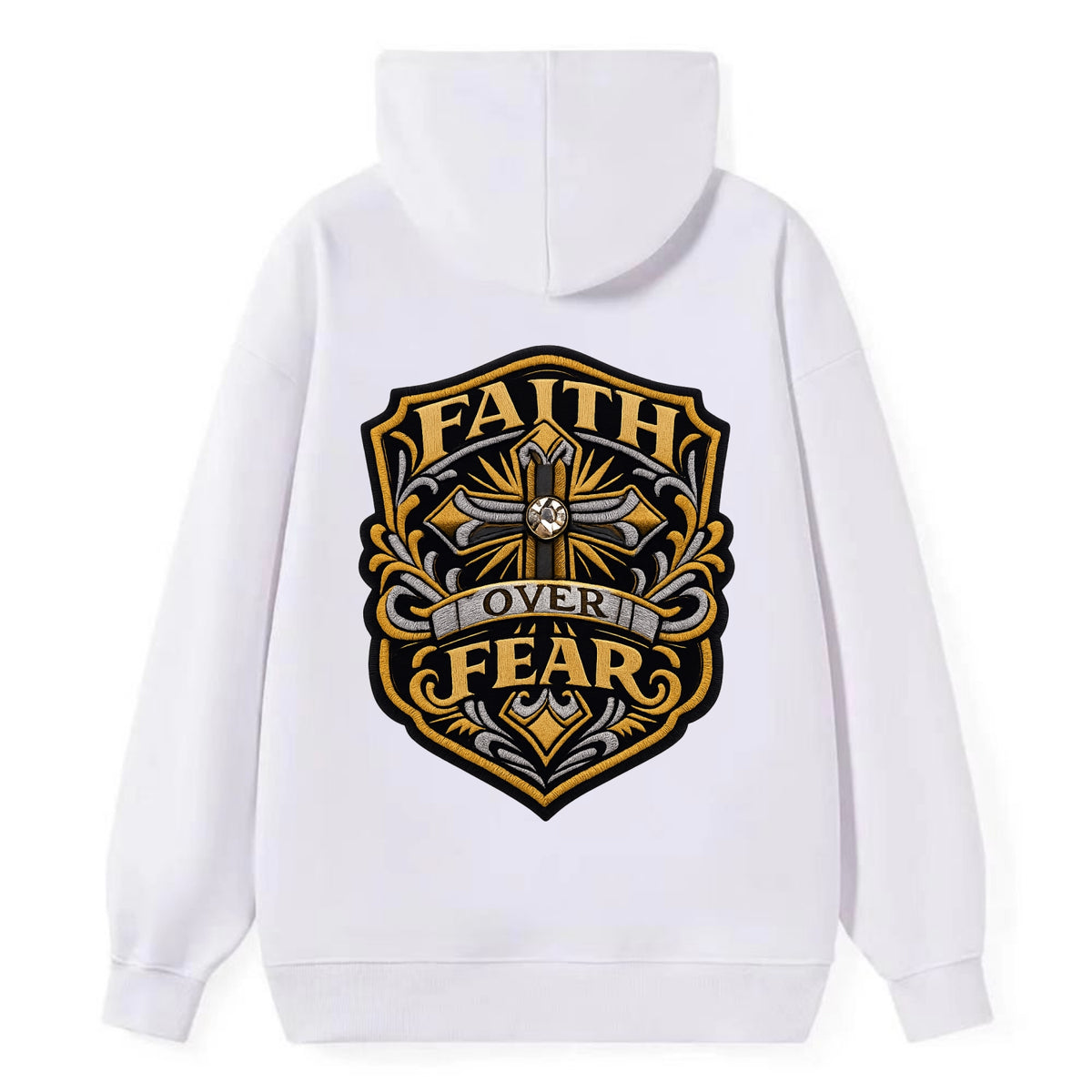 FAITH OVER FEAR - cross with text in gold , spiritual strength - Classic Pullover Hoodie