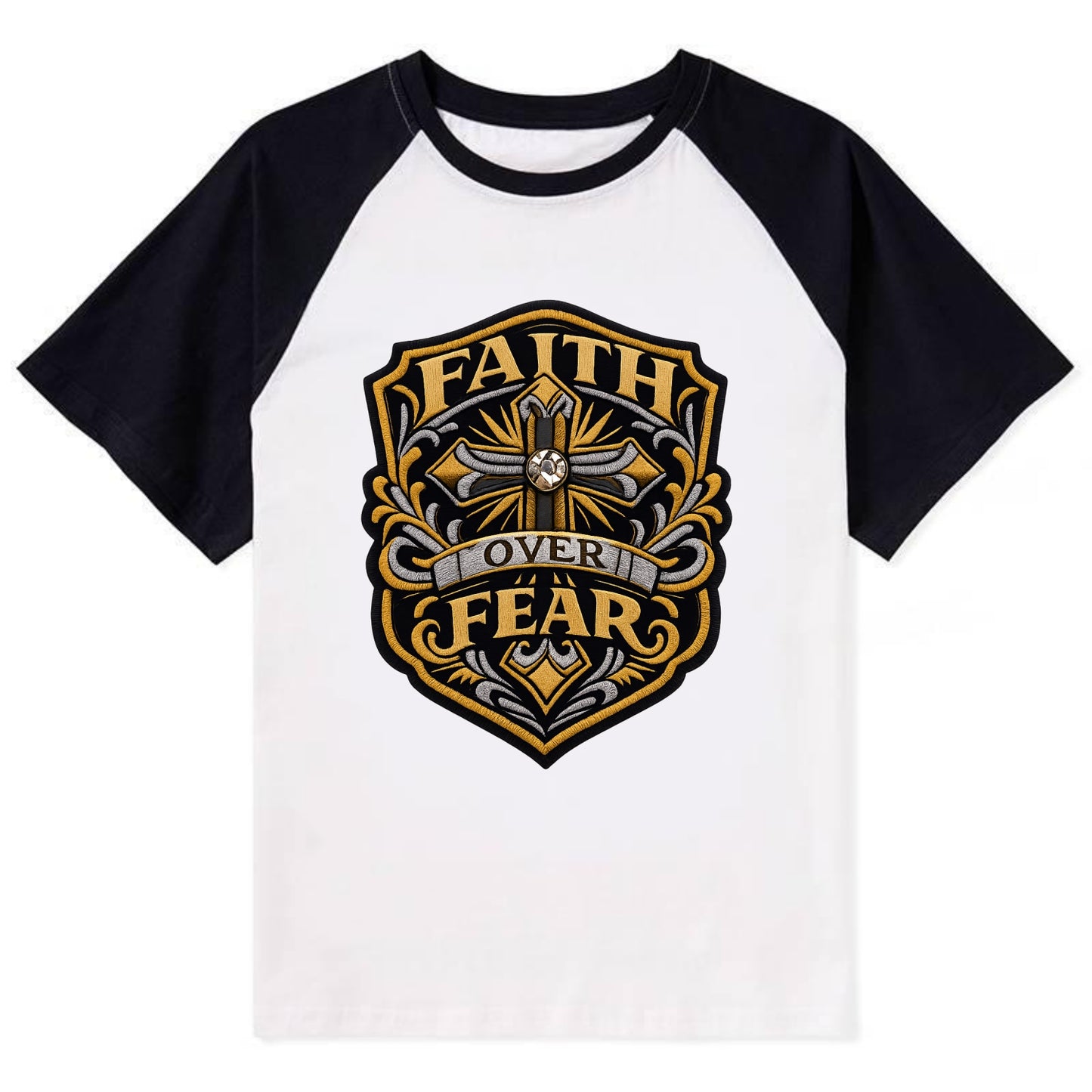FAITH OVER FEAR - cross with text in gold , spiritual strength - Contrast Raglan T-shirt