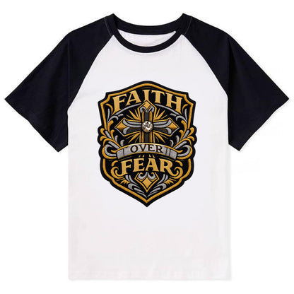 FAITH OVER FEAR - cross with text in gold , spiritual strength - Contrast Raglan T-shirt