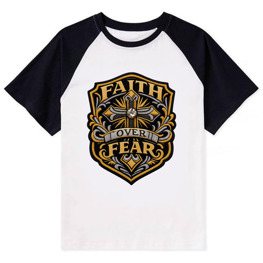 FAITH OVER FEAR - cross with text in gold , spiritual strength - Contrast Raglan T-shirt