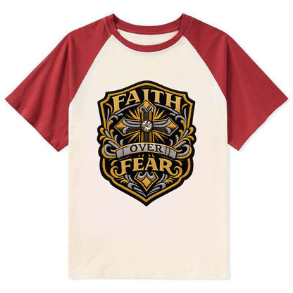 FAITH OVER FEAR - cross with text in gold , spiritual strength - Contrast Raglan T-shirt