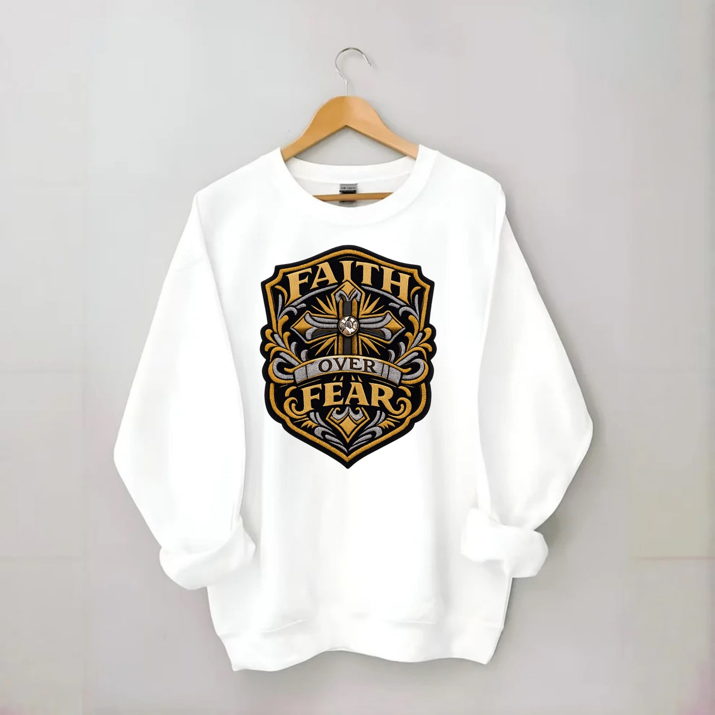 FAITH OVER FEAR - cross with text in gold , spiritual strength - Crewneck Sweatshirt