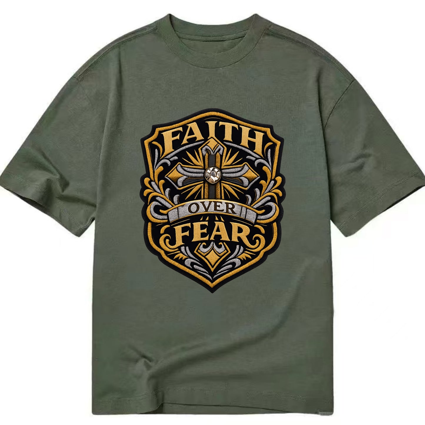 FAITH OVER FEAR - cross with text in gold , spiritual strength - Classic T-shirt