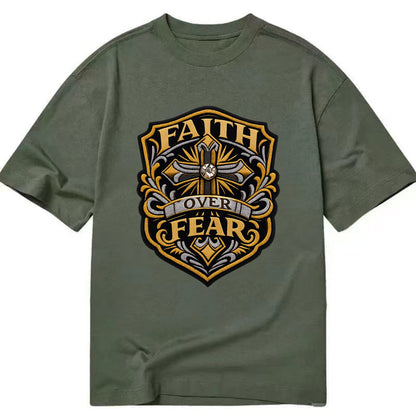 FAITH OVER FEAR - cross with text in gold , spiritual strength - Classic T-shirt
