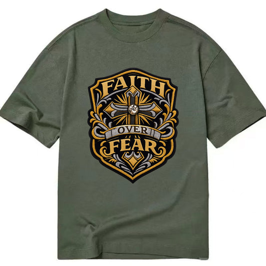 FAITH OVER FEAR - cross with text in gold , spiritual strength - Classic T-shirt