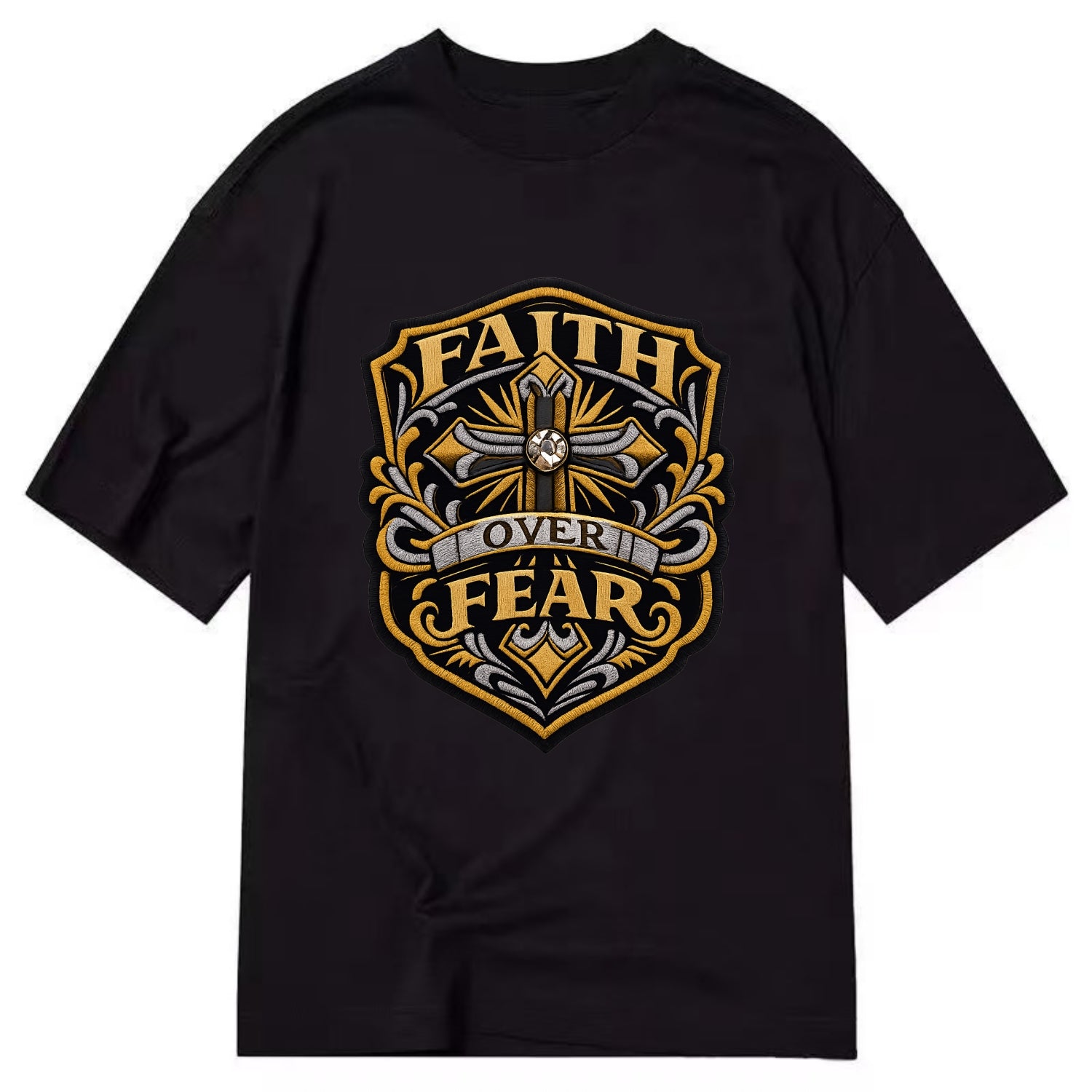 FAITH OVER FEAR - cross with text in gold , spiritual strength - Classic T-shirt