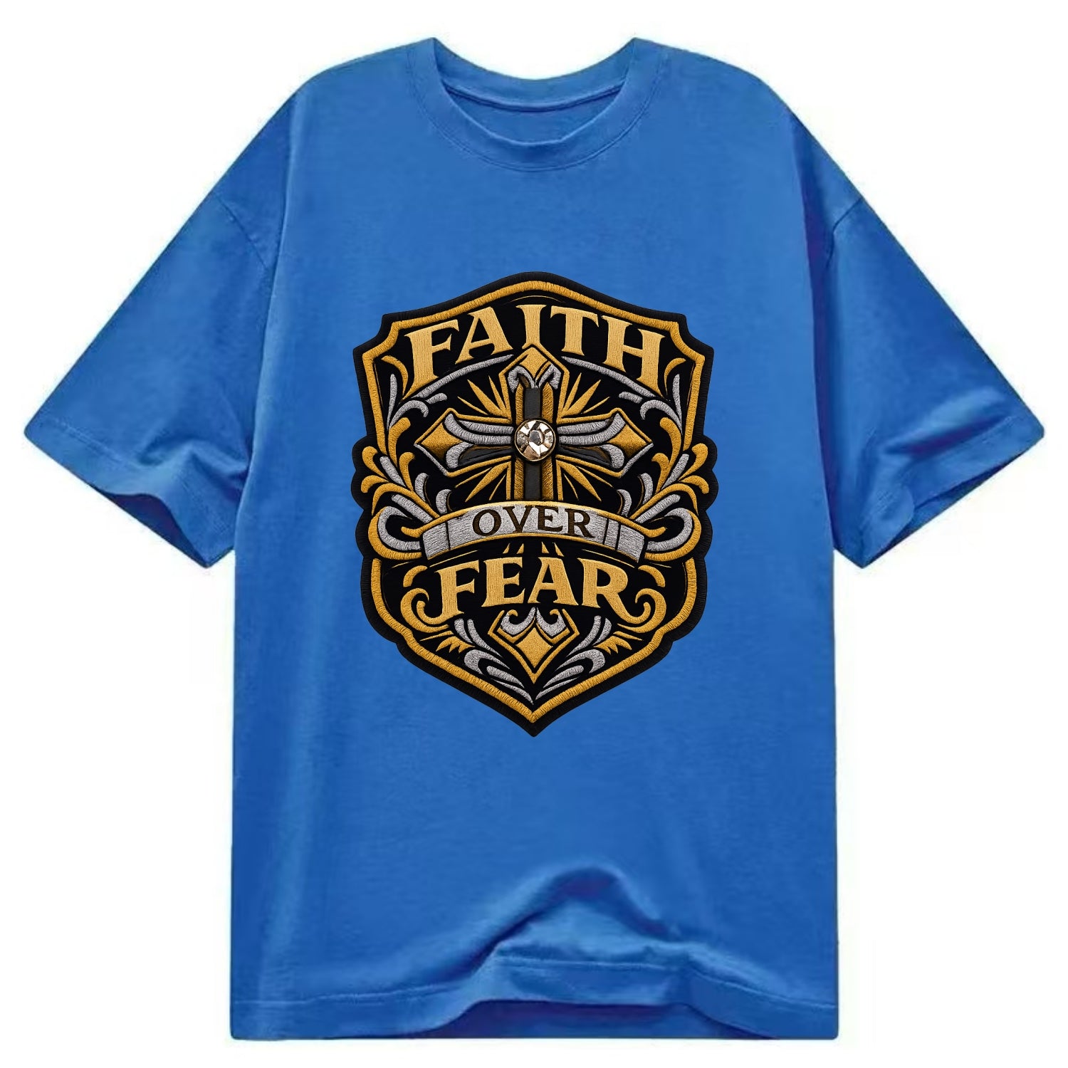 FAITH OVER FEAR - cross with text in gold , spiritual strength - Classic T-shirt