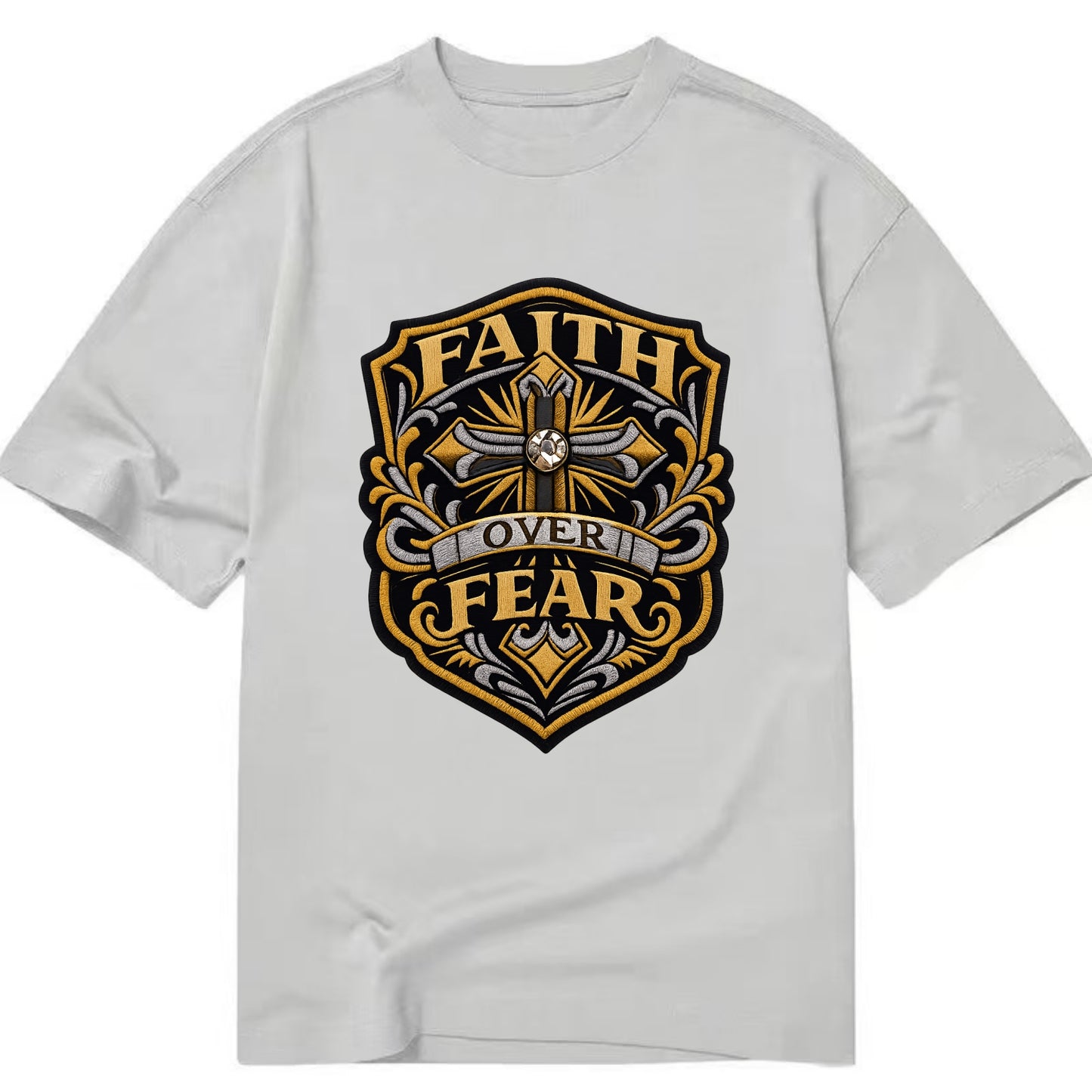 FAITH OVER FEAR - cross with text in gold , spiritual strength - Classic T-shirt