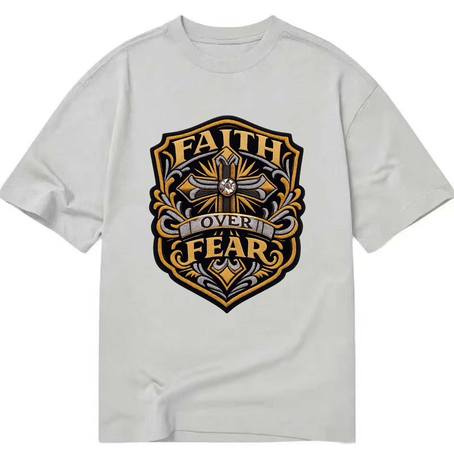 FAITH OVER FEAR - cross with text in gold , spiritual strength - Classic T-shirt