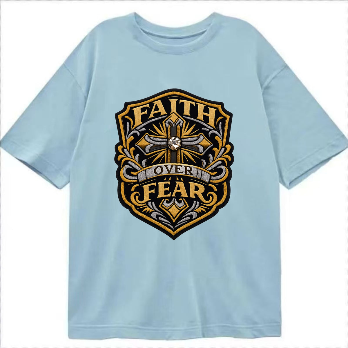 FAITH OVER FEAR - cross with text in gold , spiritual strength - Classic T-shirt