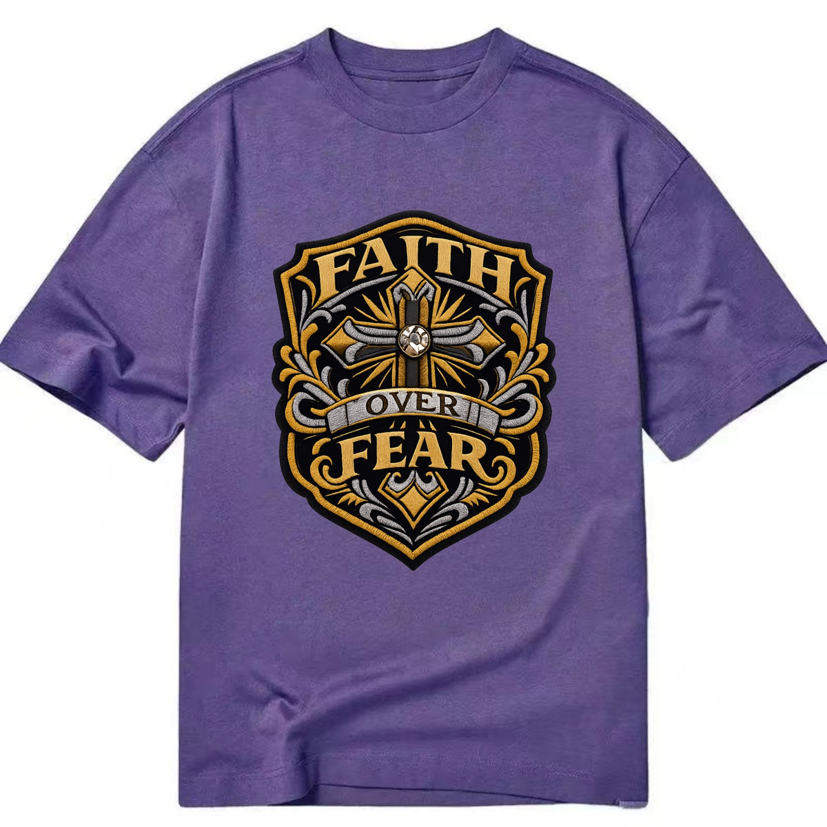 FAITH OVER FEAR - cross with text in gold , spiritual strength - Classic T-shirt
