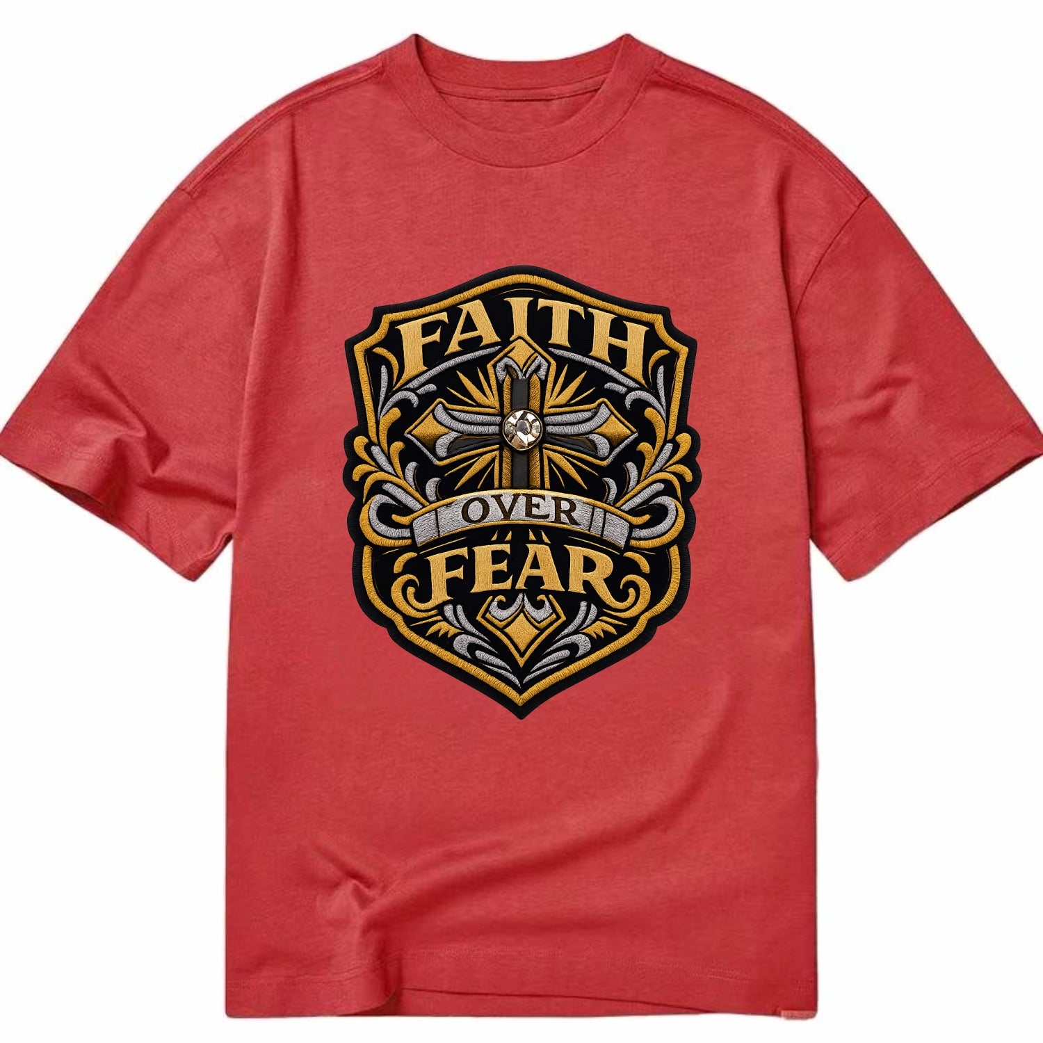 FAITH OVER FEAR - cross with text in gold , spiritual strength - Classic T-shirt