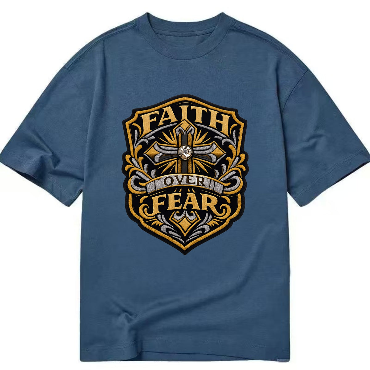FAITH OVER FEAR - cross with text in gold , spiritual strength - Classic T-shirt
