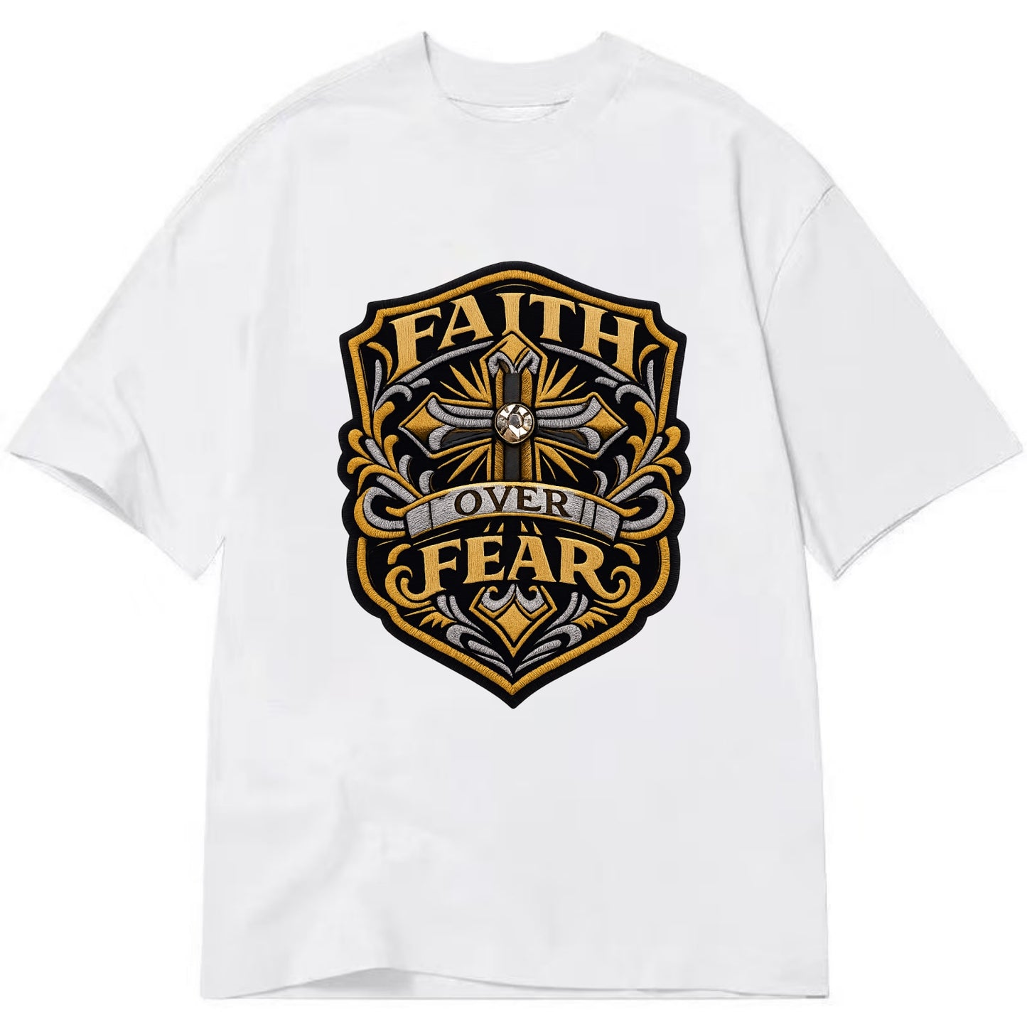 FAITH OVER FEAR - cross with text in gold , spiritual strength - Classic T-shirt