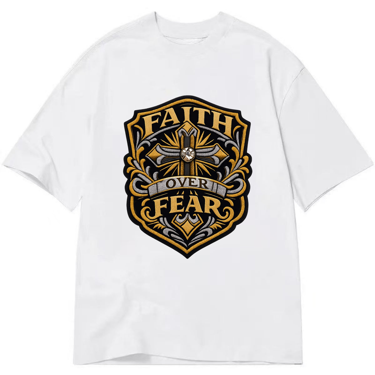 FAITH OVER FEAR - cross with text in gold , spiritual strength - Classic T-shirt
