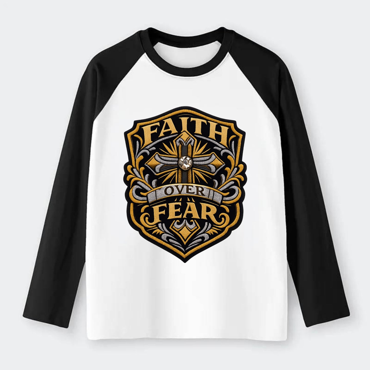 FAITH OVER FEAR - cross with text in gold , spiritual strength - Raglan Long Sleeve T-Shirt