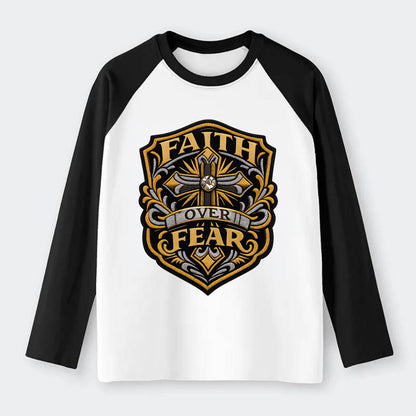 FAITH OVER FEAR - cross with text in gold , spiritual strength - Raglan Long Sleeve T-Shirt