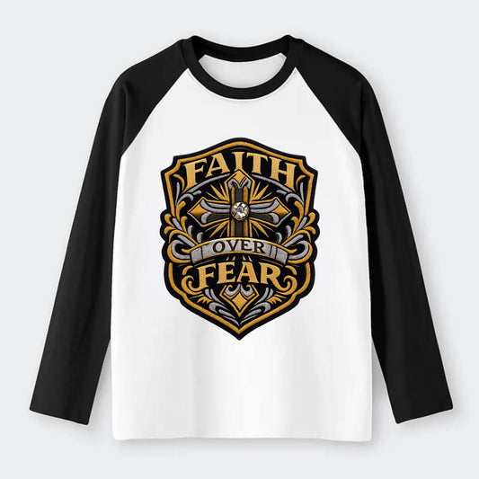 FAITH OVER FEAR - cross with text in gold , spiritual strength - Raglan Long Sleeve T-Shirt