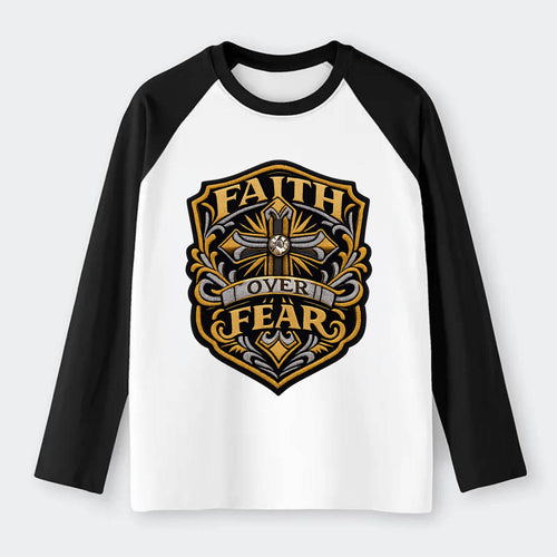 FAITH OVER FEAR - cross with text in gold , spiritual strength - Raglan Long Sleeve T-Shirt