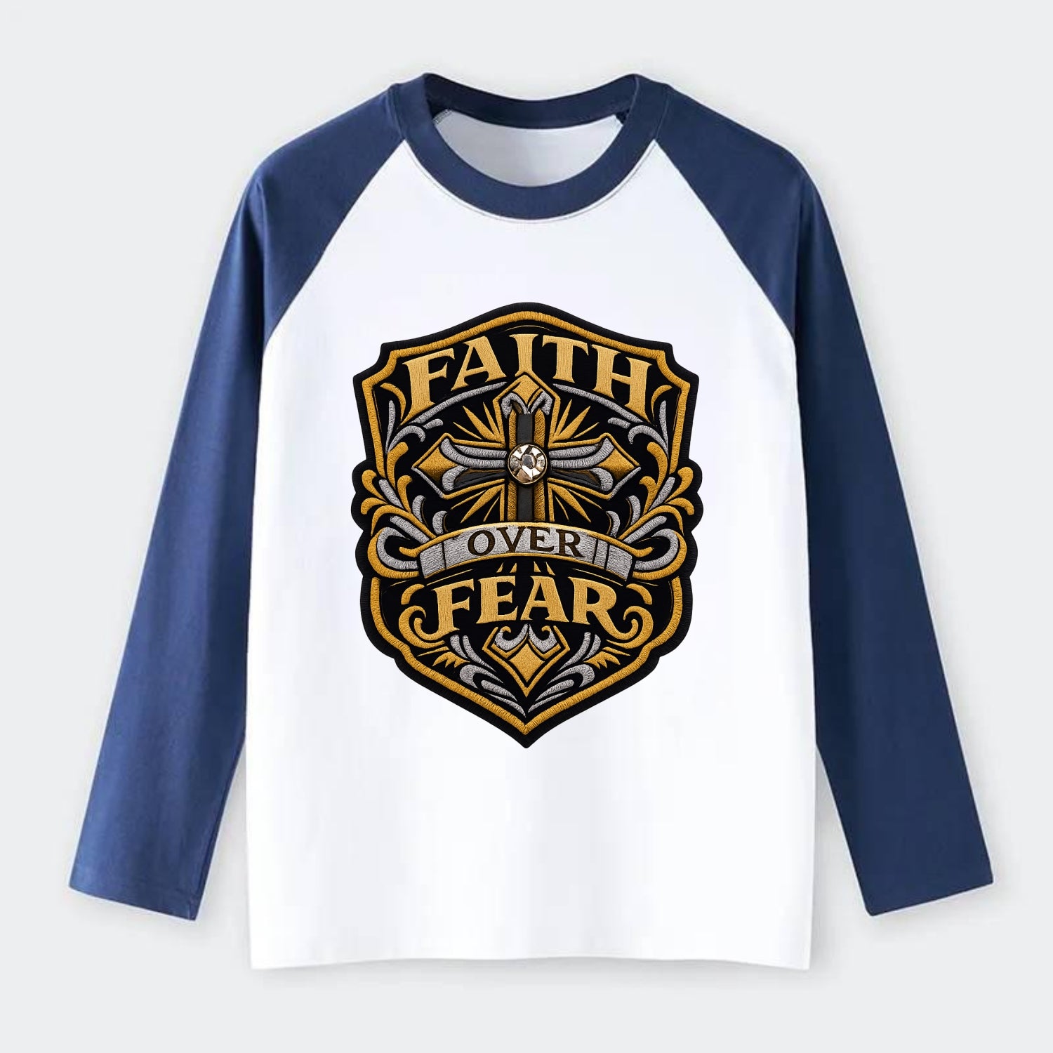 FAITH OVER FEAR - cross with text in gold , spiritual strength - Raglan Long Sleeve T-Shirt