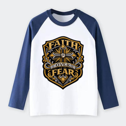 FAITH OVER FEAR - cross with text in gold , spiritual strength - Raglan Long Sleeve T-Shirt