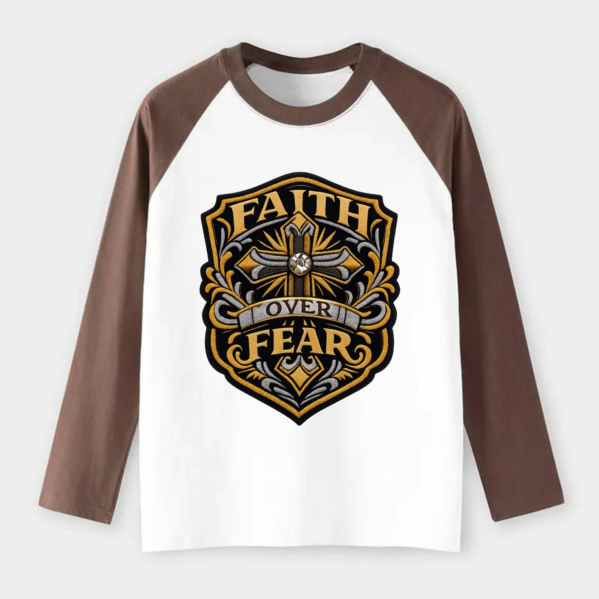 FAITH OVER FEAR - cross with text in gold , spiritual strength - Raglan Long Sleeve T-Shirt