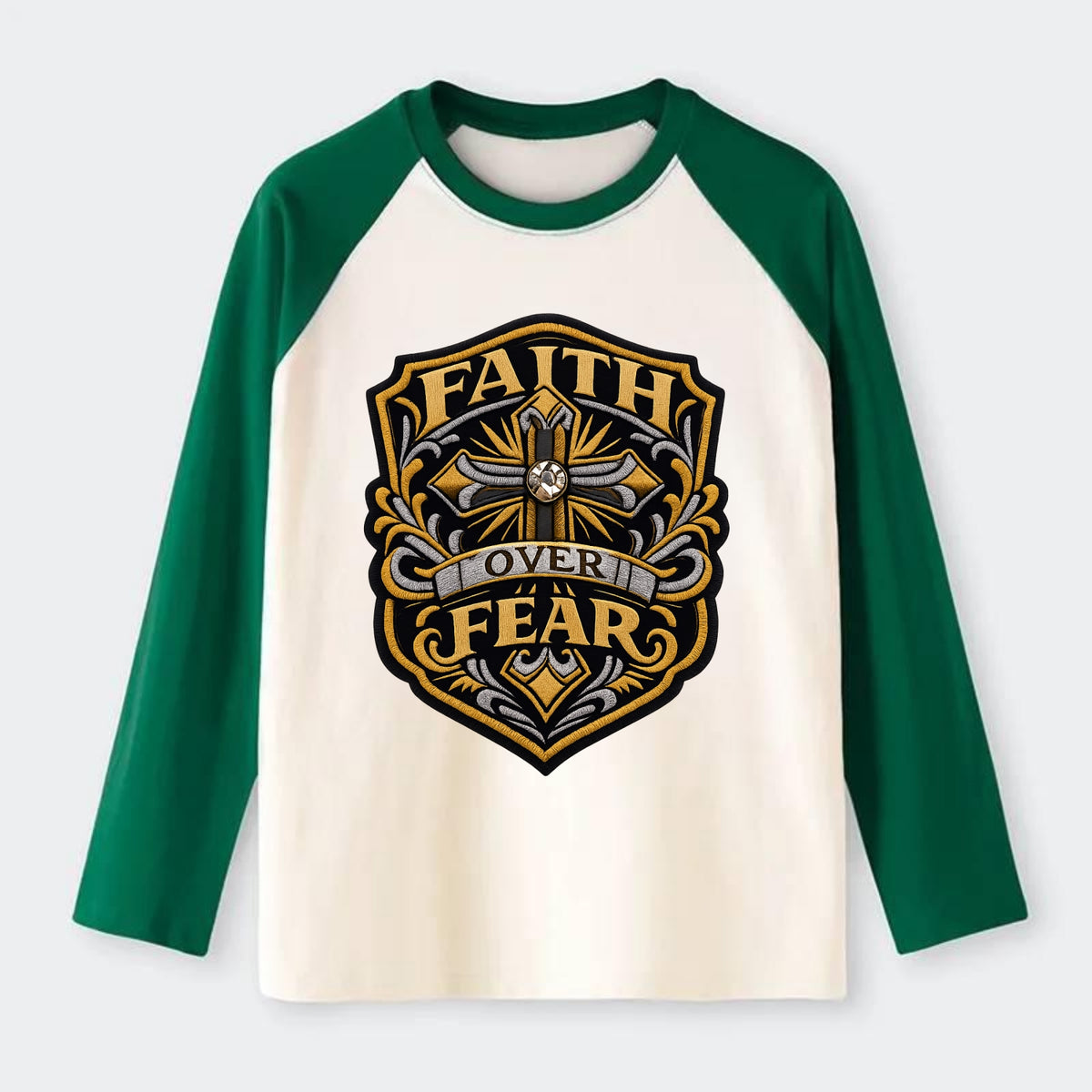 FAITH OVER FEAR - cross with text in gold , spiritual strength - Raglan Long Sleeve T-Shirt