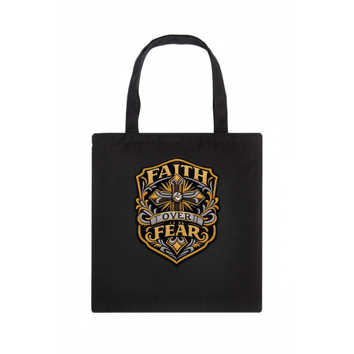 FAITH OVER FEAR - cross with text in gold , spiritual strength - Tote Bag