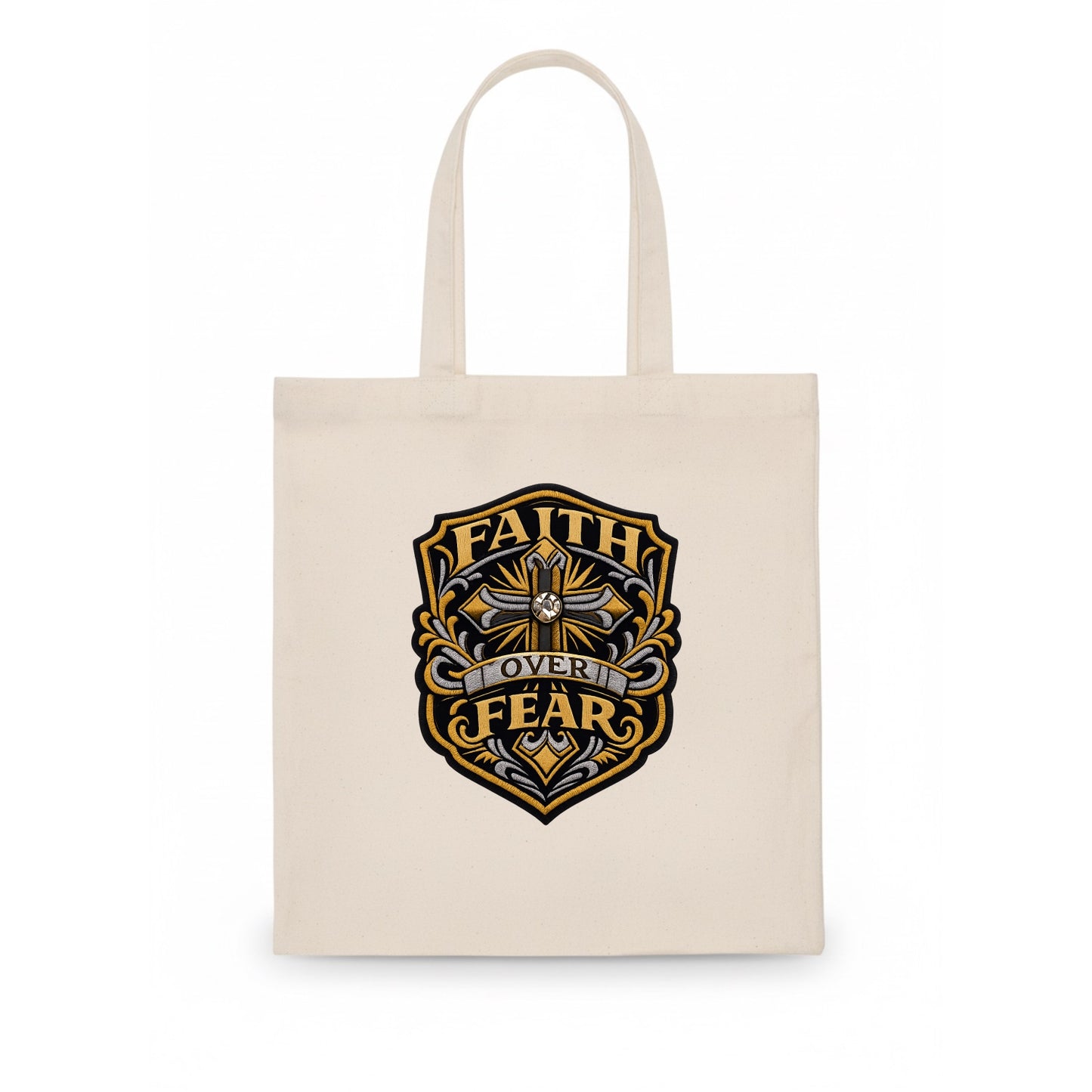 FAITH OVER FEAR - cross with text in gold , spiritual strength - Tote Bag