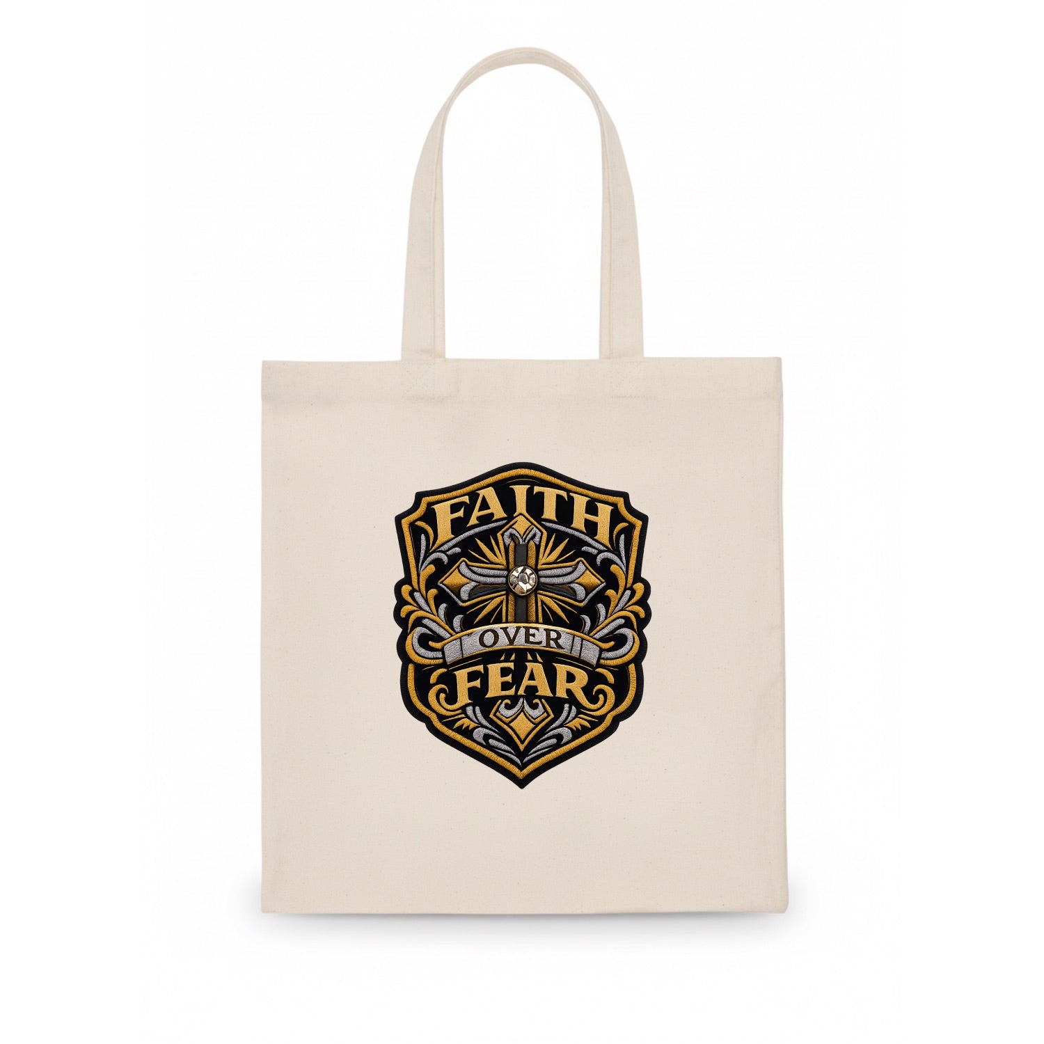 FAITH OVER FEAR - cross with text in gold , spiritual strength - Tote Bag