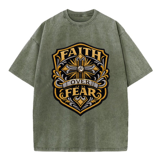 FAITH OVER FEAR - cross with text in gold , spiritual strength - Vintage T-shirt