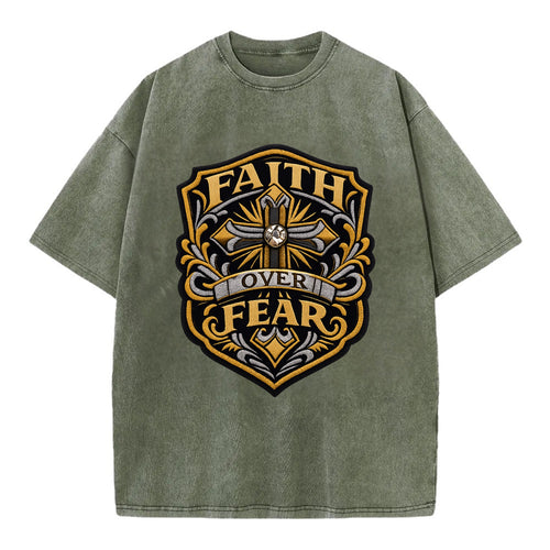 FAITH OVER FEAR - cross with text in gold , spiritual strength - Vintage T-shirt