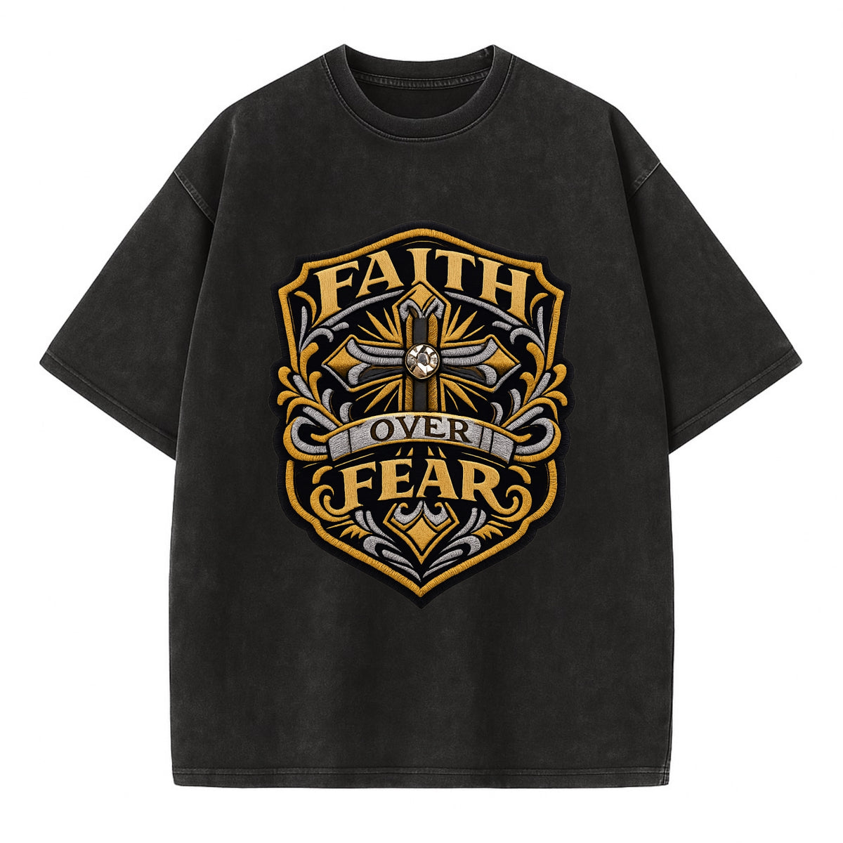 FAITH OVER FEAR - cross with text in gold , spiritual strength - Vintage T-shirt