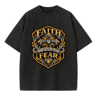 FAITH OVER FEAR - cross with text in gold , spiritual strength - Vintage T-shirt