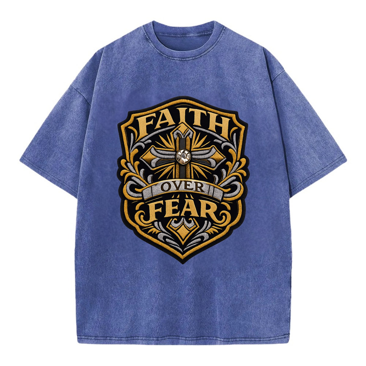 FAITH OVER FEAR - cross with text in gold , spiritual strength - Vintage T-shirt