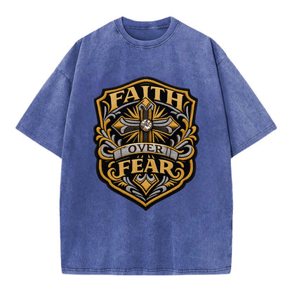 FAITH OVER FEAR - cross with text in gold , spiritual strength - Vintage T-shirt