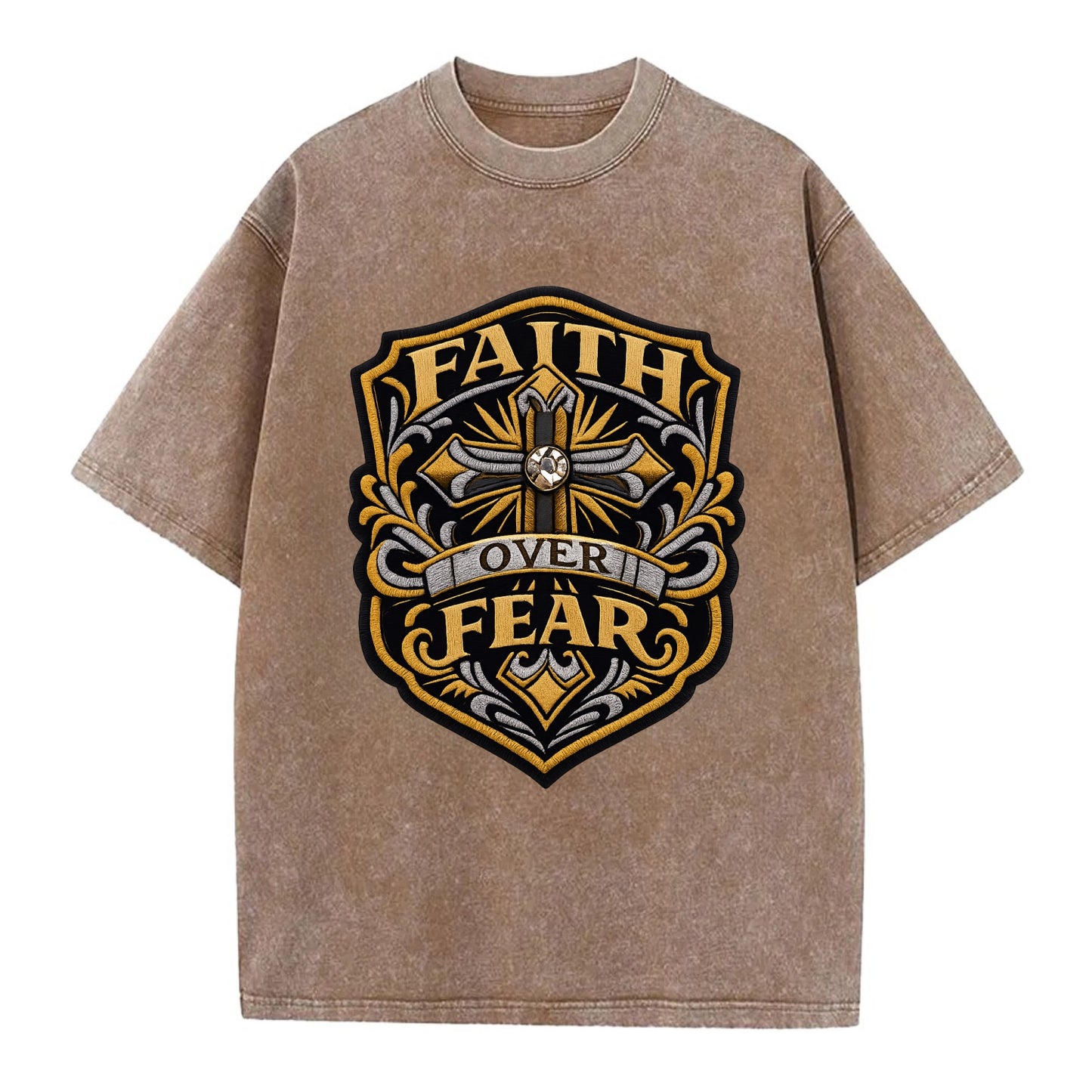 FAITH OVER FEAR - cross with text in gold , spiritual strength - Vintage T-shirt