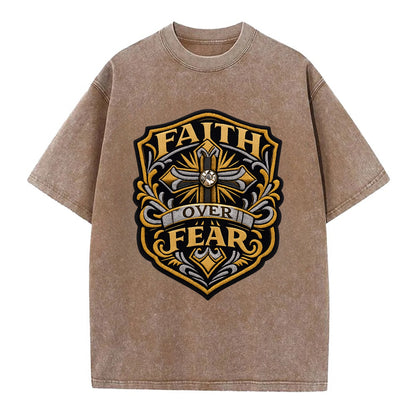 FAITH OVER FEAR - cross with text in gold , spiritual strength - Vintage T-shirt